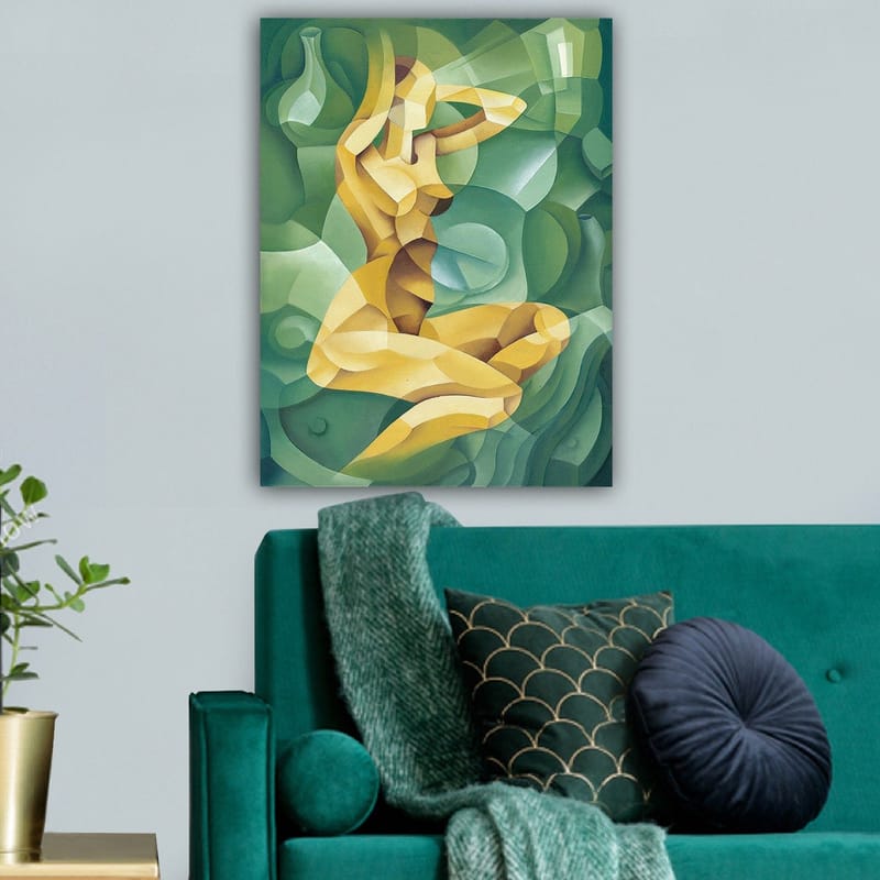 Canvastavla 70x100 cm - Stiliserad nakenfigur som sitter med en hand bakom huvudet, omgiven av organiska former - Gul / Grön - Inredning - Tavlor & konst - Canvastavlor