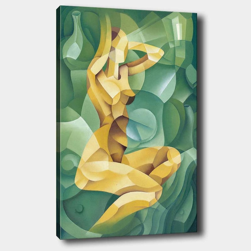 Canvastavla 70x100 cm - Stiliserad nakenfigur som sitter med en hand bakom huvudet, omgiven av organiska former, Gul / Grön
