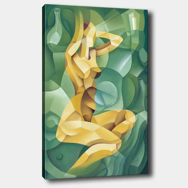 Canvastavla 70x100 cm - Stiliserad nakenfigur som sitter med en hand bakom huvudet, omgiven av organiska former, Gul / Grön