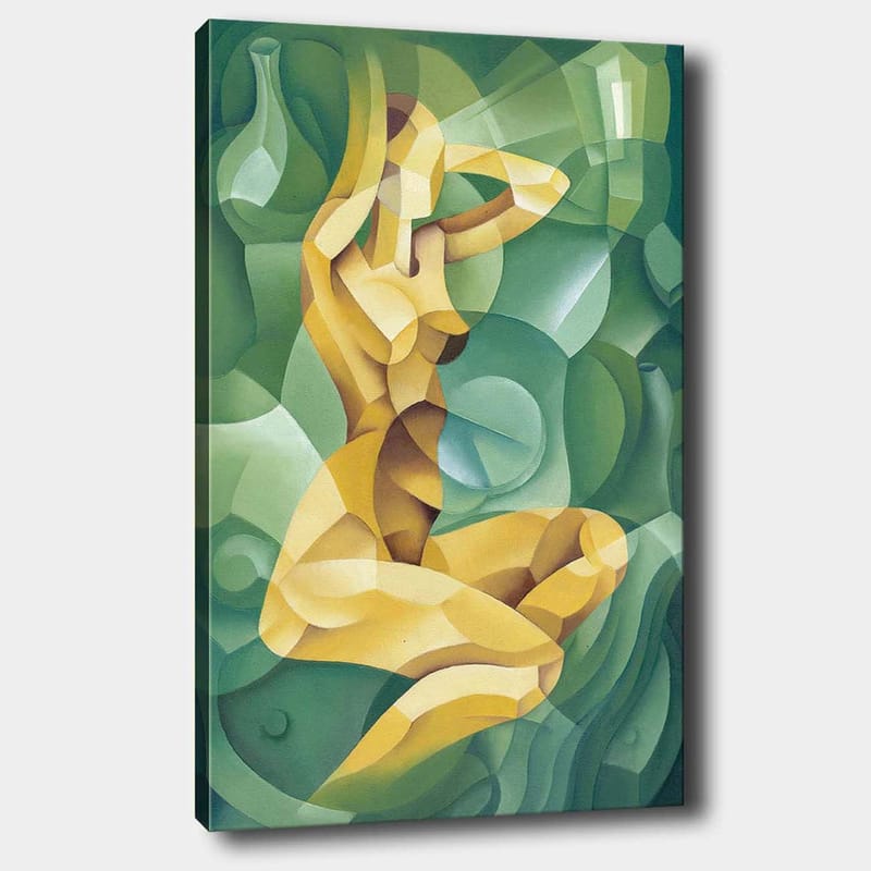 Canvastavla 70x100 cm - Stiliserad nakenfigur som sitter med en hand bakom huvudet, omgiven av organiska former, Gul / Grön