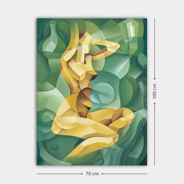 Canvastavla 70x100 cm - Stiliserad nakenfigur som sitter med en hand bakom huvudet, omgiven av organiska former - Gul / Grön - Inredning - Tavlor & konst - Canvastavlor