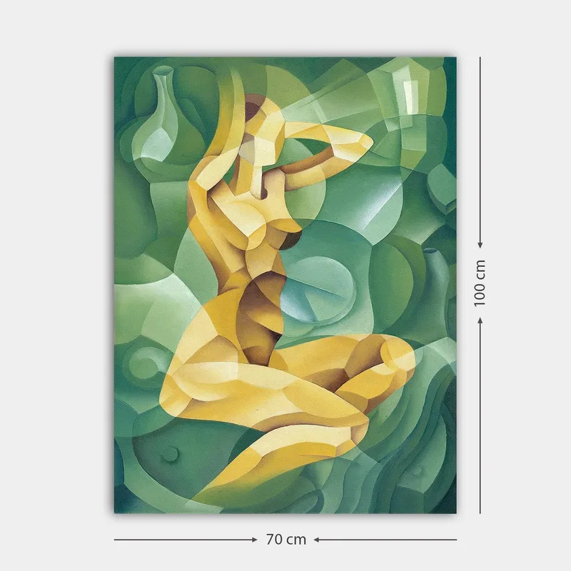 Canvastavla 70x100 cm - Stiliserad nakenfigur som sitter med en hand bakom huvudet, omgiven av organiska former - Gul / Grön - Inredning - Tavlor & konst - Canvastavlor