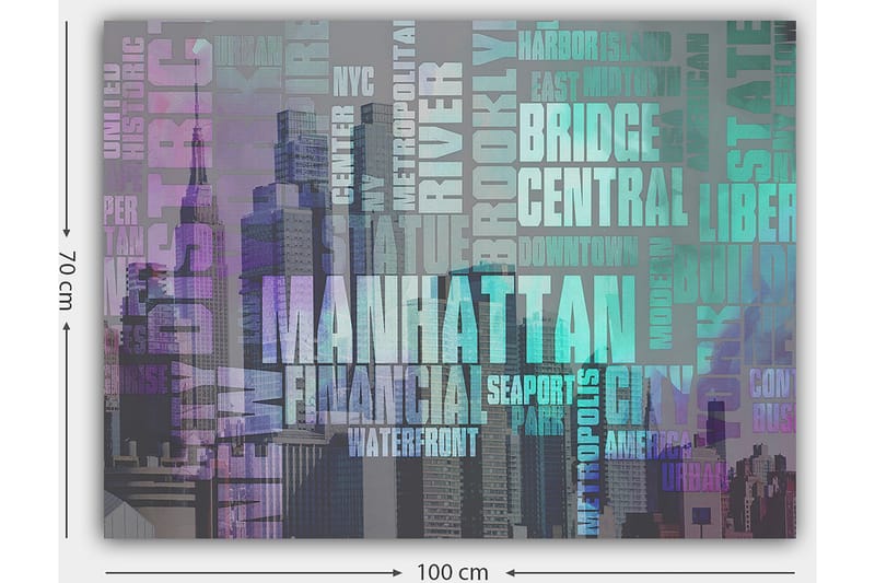 Canvastavla 70x100 cm - Stiliserad representation av Manhattan med fokus på stadens namn och ikoniska byggnader - Lila / Turkos / Grå - Inredning - Tavlor & konst - Canvastavlor
