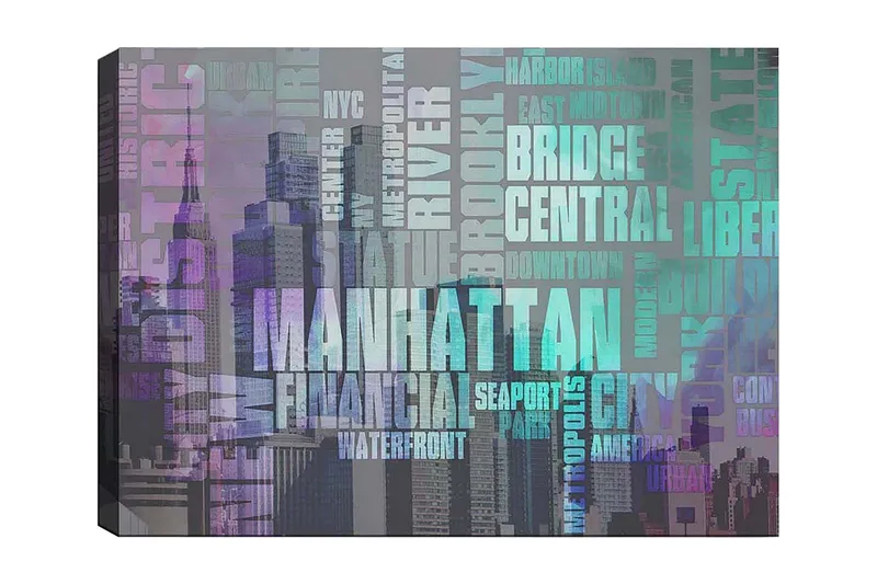 Canvastavla 70x100 cm - Stiliserad representation av Manhattan med fokus på stadens namn och ikoniska byggnader, Lila / Turkos / Grå