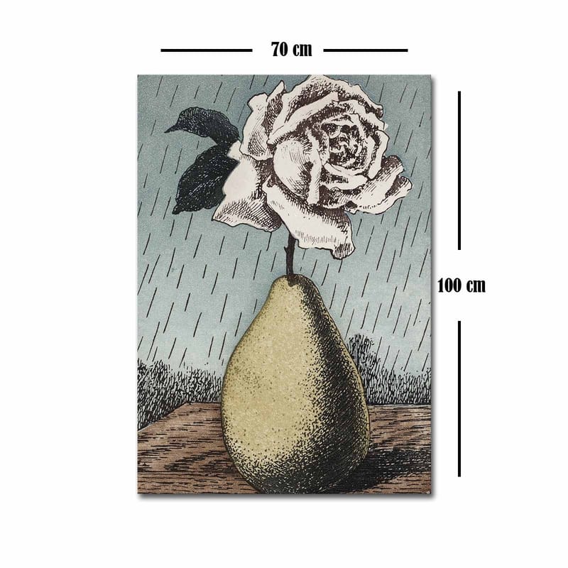 Canvastavla 70x100 cm - Stiliserad ros i en vas formad som en päron, omgiven av regndroppar - Grön / Rosa / Blå - Inredning - Tavlor & konst - Canvastavlor