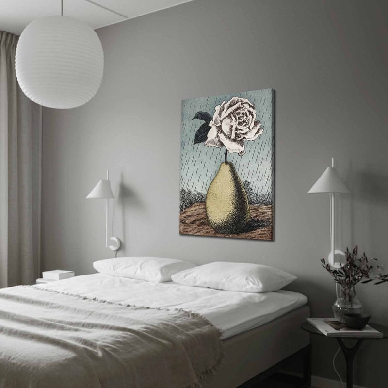 Canvastavla 70x100 cm - Stiliserad ros i en vas formad som en päron, omgiven av regndroppar, Grön / Rosa / Blå