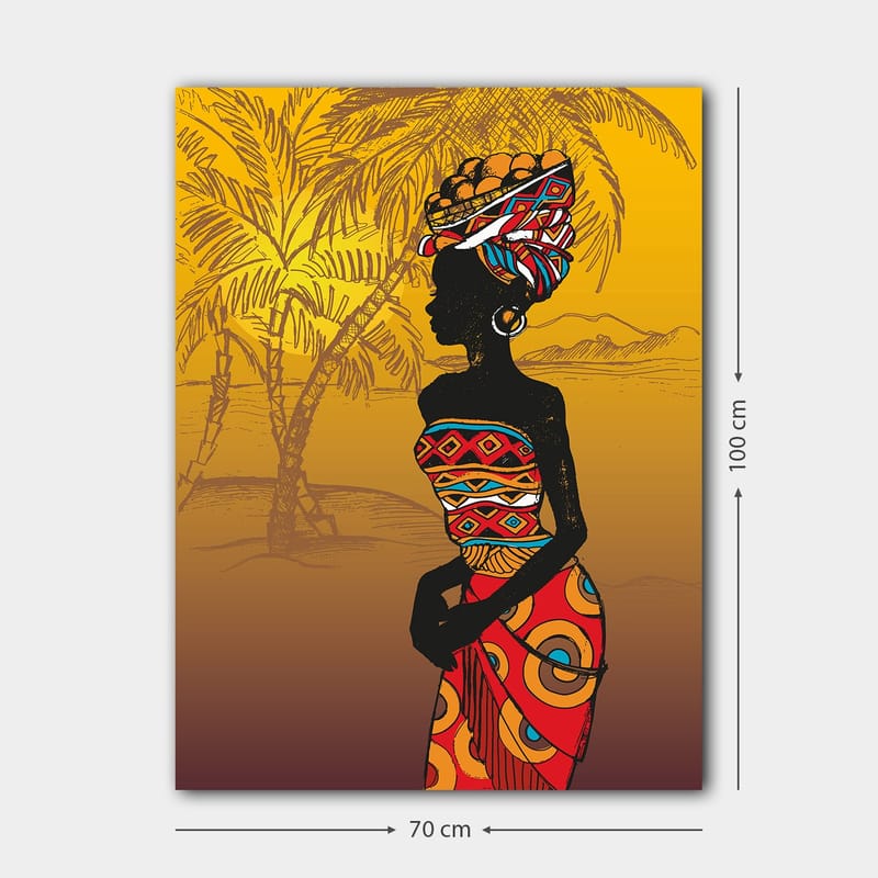 Canvastavla 70x100 cm - Stiliserad silhuett av en kvinna med traditionell klädsel och frukt på huvudet, omgiven av palmer i en solig miljö - Svart / Röd / Orange - Inredning - Tavlor & konst - Canvastavlor