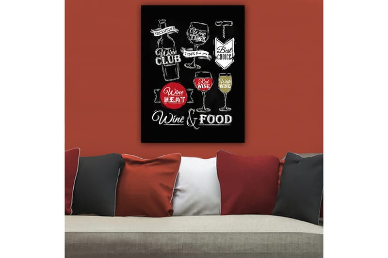Canvastavla 70x100 cm - Stiliserad tavla med motiv av vin, glas och matrelaterade texter - Röd / Vit / Svart - Inredning - Tavlor & konst - Canvastavlor