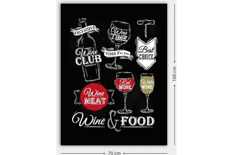 Canvastavla 70x100 cm - Stiliserad tavla med motiv av vin, glas och matrelaterade texter - Röd / Vit / Svart - Inredning - Tavlor & konst - Canvastavlor
