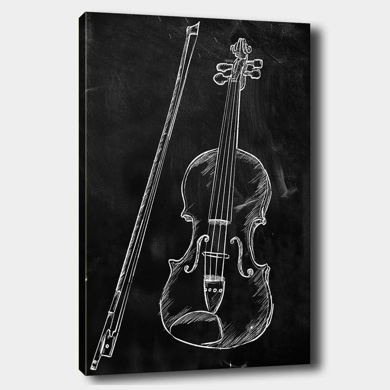 Canvastavla 70x100 cm - Stiliserad teckning av en fiol och en fiolpinne på en svart bakgrund - Vit / Svart - Inredning - Tavlor & konst - Canvastavlor