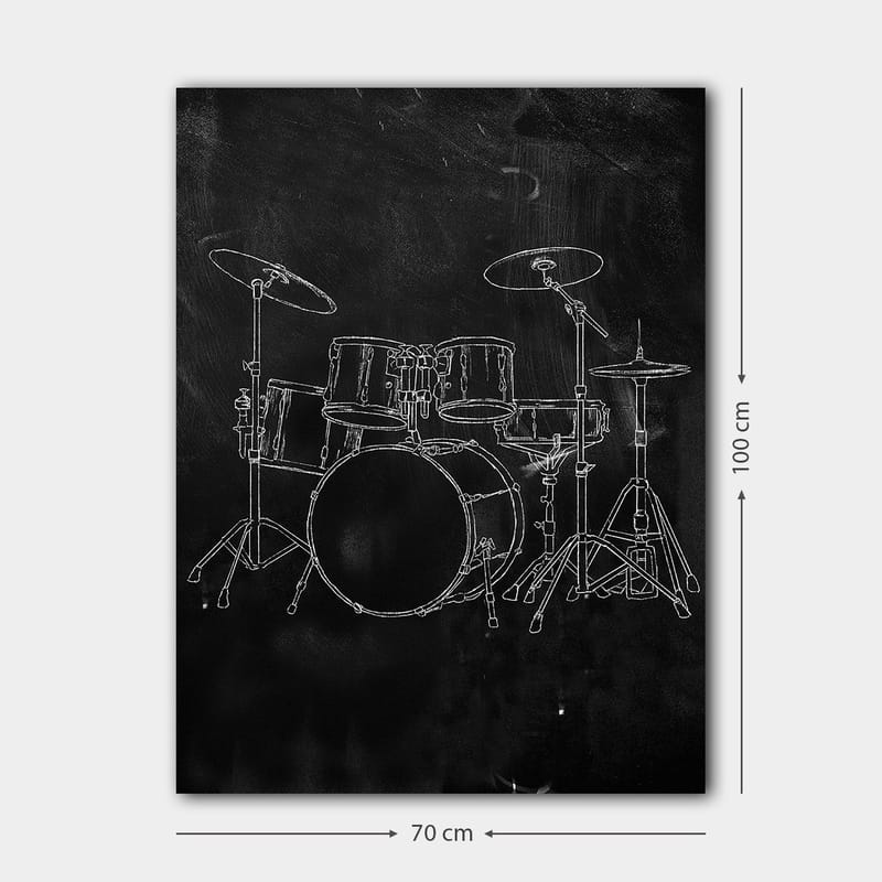 Canvastavla 70x100 cm - Stiliserad teckning av ett trumset på en svart bakgrund - Svart / Vitt - Inredning - Tavlor & konst - Canvastavlor