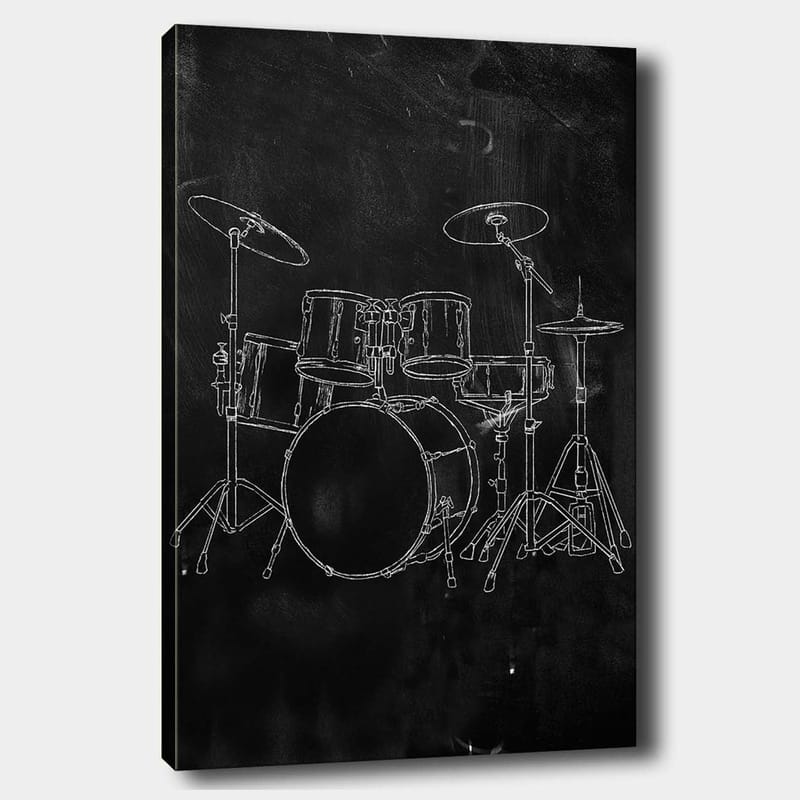 Canvastavla 70x100 cm - Stiliserad teckning av ett trumset på en svart bakgrund - Svart / Vitt - Inredning - Tavlor & konst - Canvastavlor