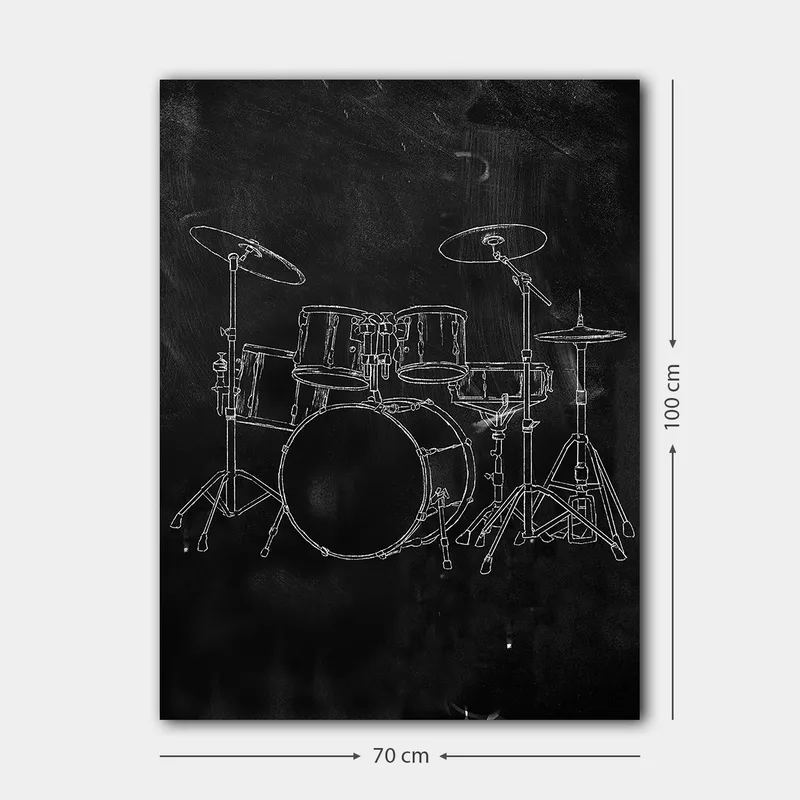 Canvastavla 70x100 cm - Stiliserad teckning av ett trumset på en svart bakgrund - Svart / Vitt - Inredning - Tavlor & konst - Canvastavlor