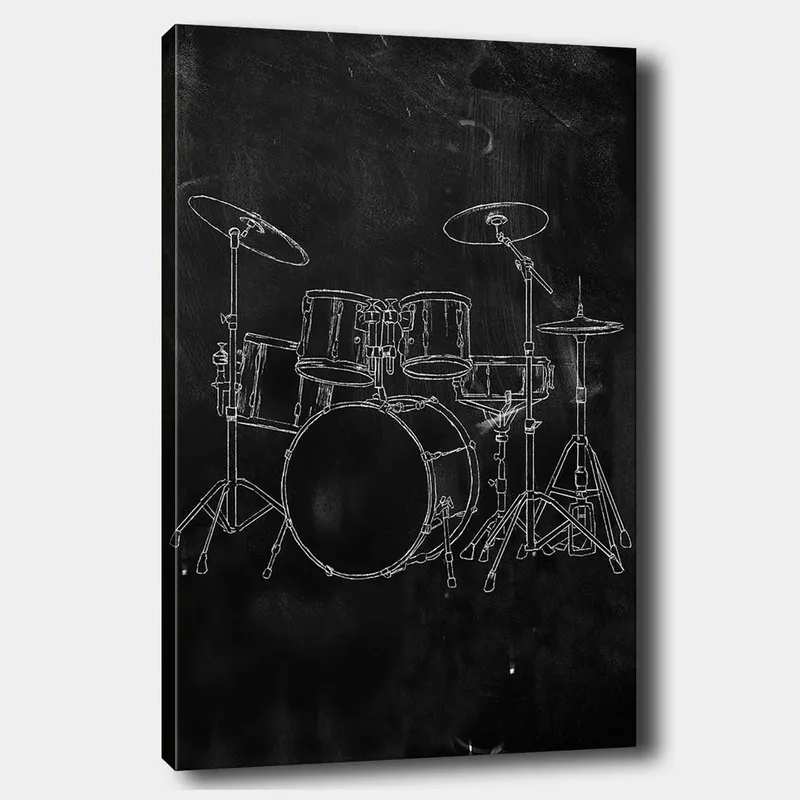 Canvastavla 70x100 cm - Stiliserad teckning av ett trumset på en svart bakgrund, Svart / Vitt