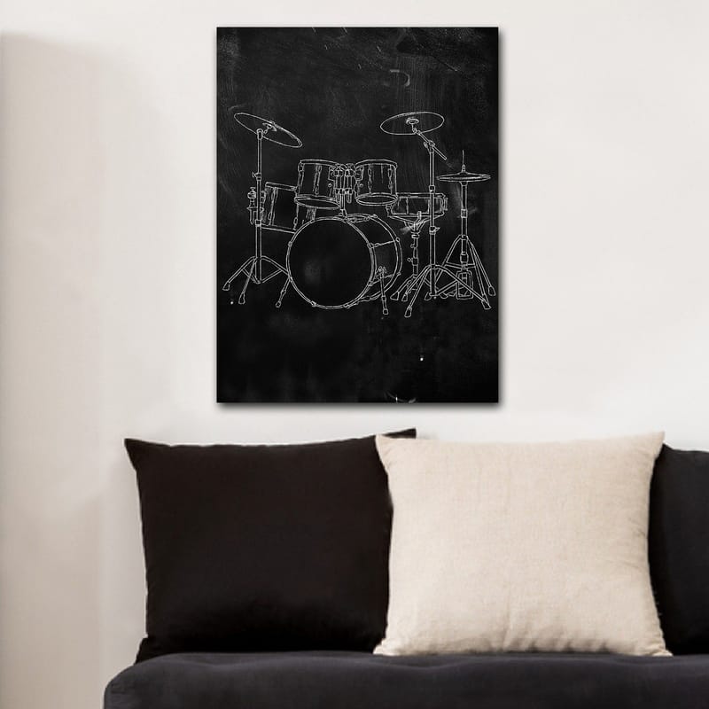 Canvastavla 70x100 cm - Stiliserad teckning av ett trumset på en svart bakgrund - Svart / Vitt - Inredning - Tavlor & konst - Canvastavlor
