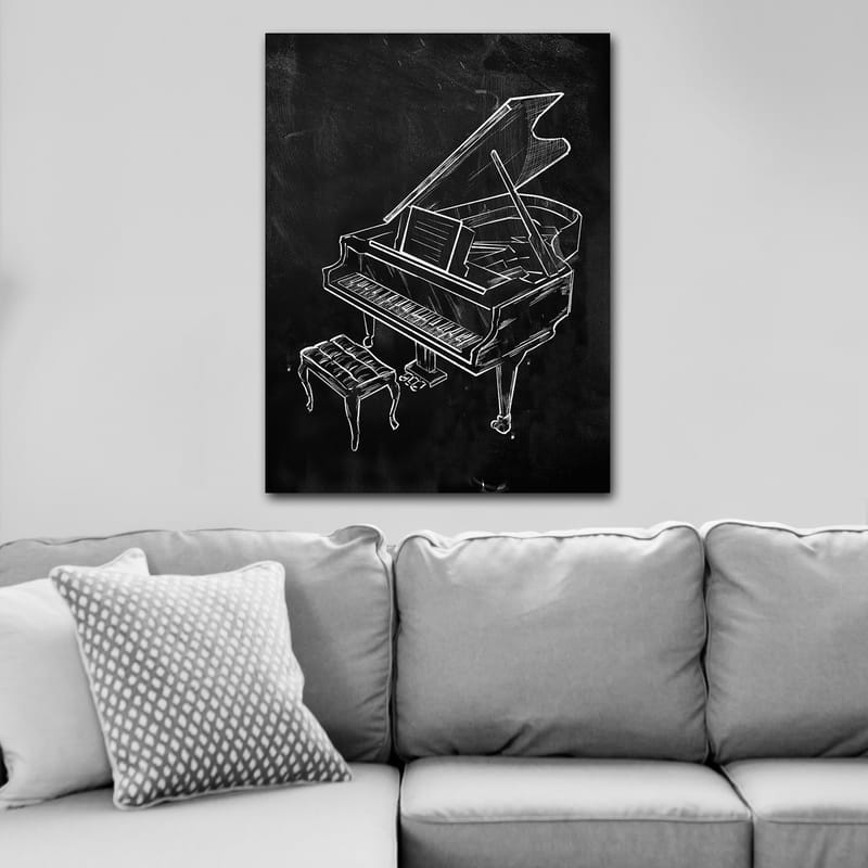 Canvastavla 70x100 cm - Stiliserad teckning av ett piano med en bänk - Vit / Svart - Inredning - Tavlor & konst - Canvastavlor