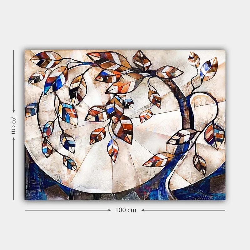 Canvastavla 70x100 cm - Stiliserad trädgren med färgglada löv som sträcker sig över en ljus bakgrund - Mörkblå / Orange / Vit - Inredning - Tavlor & konst - Canvastavlor