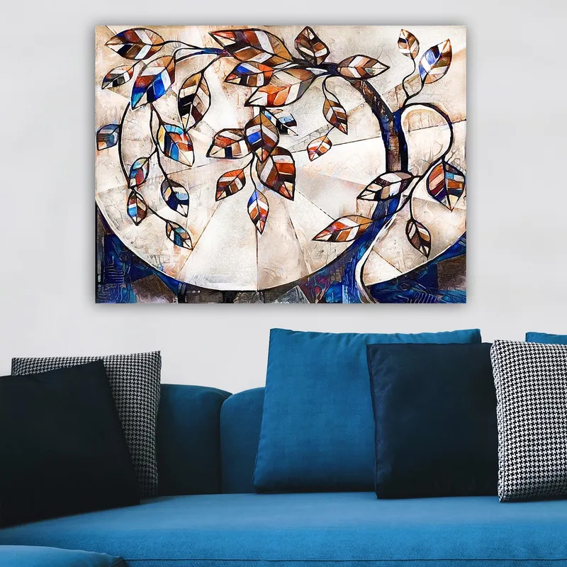 Canvastavla 70x100 cm - Stiliserad trädgren med färgglada löv som sträcker sig över en ljus bakgrund - Mörkblå / Orange / Vit - Inredning - Tavlor & konst - Canvastavlor