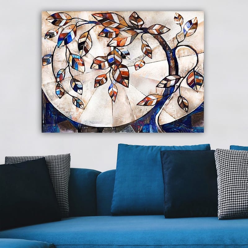 Canvastavla 70x100 cm - Stiliserad trädgren med färgglada löv som sträcker sig över en ljus bakgrund - Mörkblå / Orange / Vit - Inredning - Tavlor & konst - Canvastavlor