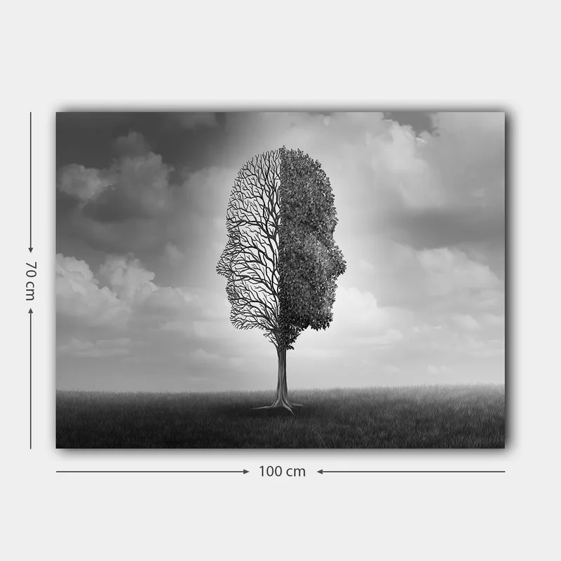 Canvastavla 70x100 cm - Stiliserad trädkonstruktion som formar en ansiktsprofil i svart och vitt - Svart / Vitt / Grått - Inredning - Tavlor & konst - Canvastavlor