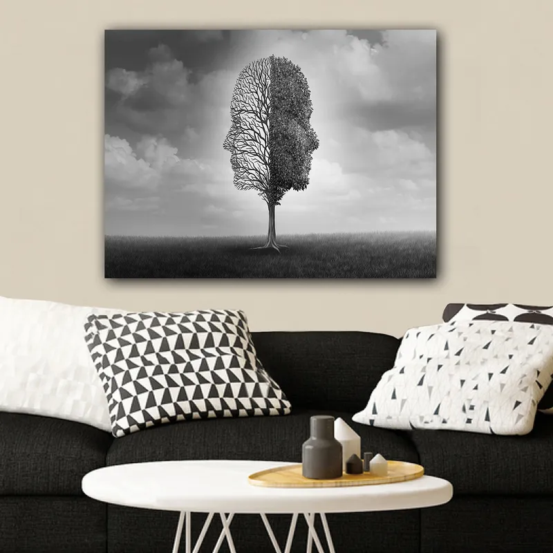 Canvastavla 70x100 cm - Stiliserad trädkonstruktion som formar en ansiktsprofil i svart och vitt - Svart / Vitt / Grått - Inredning - Tavlor & konst - Canvastavlor