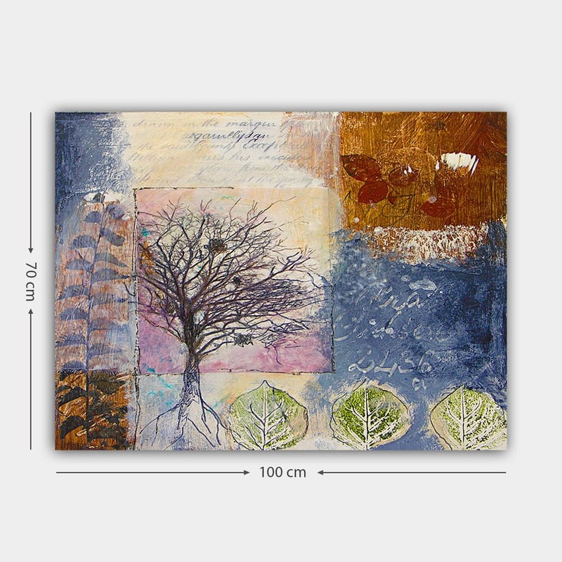 Canvastavla 70x100 cm - Stiliserad trädskulptur med rötter och blad i en färgglad komposition - Mörkblå / Brun / Grön - Inredning - Tavlor & konst - Canvastavlor