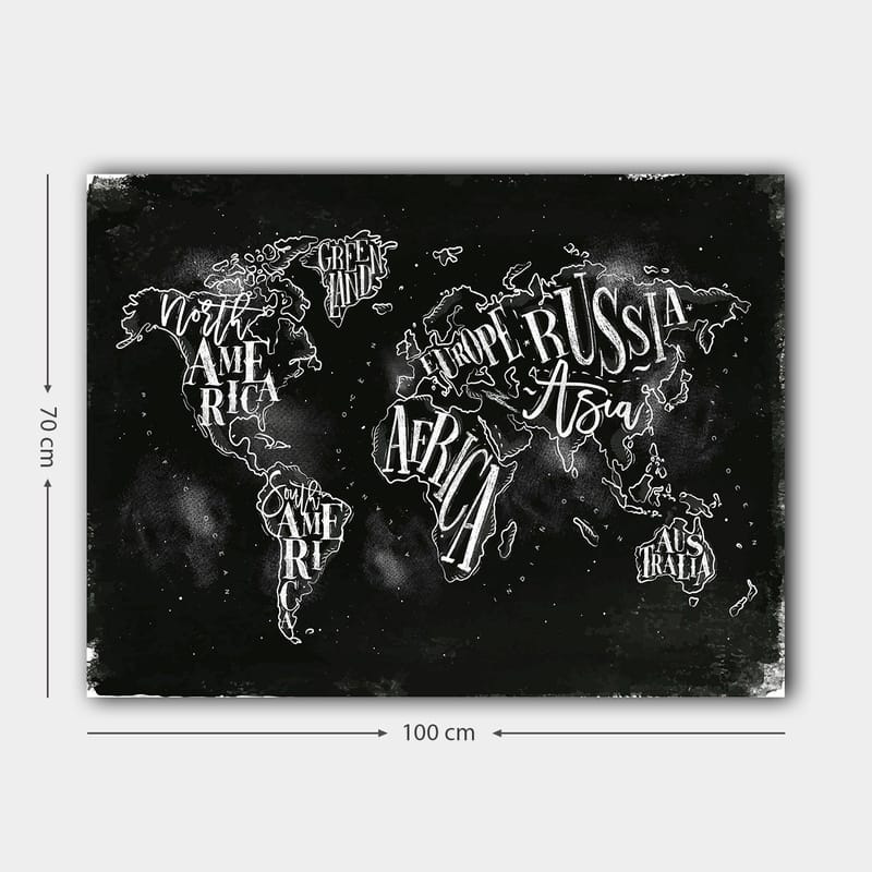 Canvastavla 70x100 cm - Stiliserad världskarta med geografiska namn i vit text mot en svart bakgrund - Svart / Vit - Inredning - Tavlor & konst - Canvastavlor