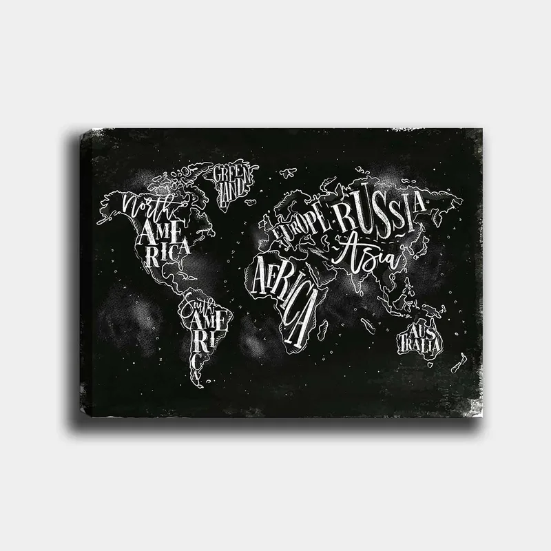 Canvastavla 70x100 cm - Stiliserad världskarta med geografiska namn i vit text mot en svart bakgrund, Svart / Vit