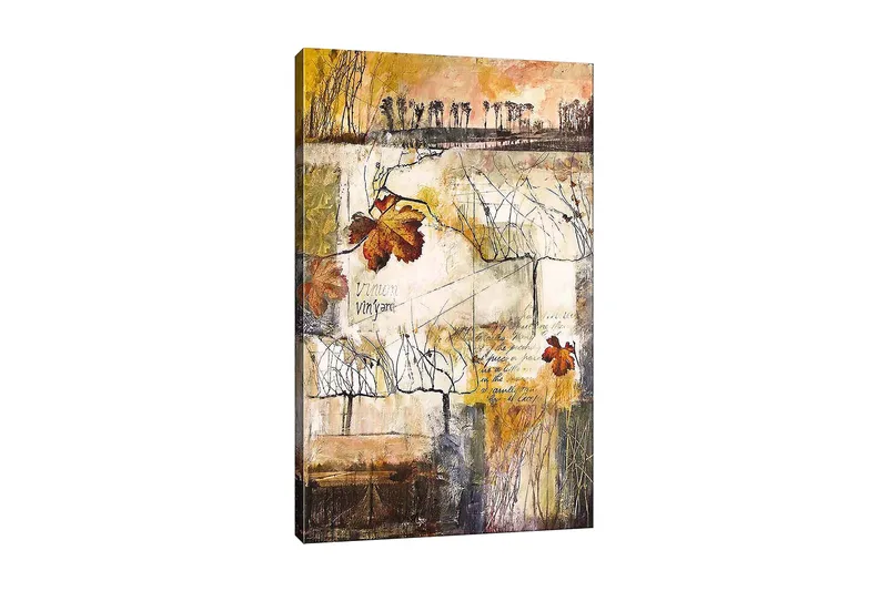 Canvastavla 70x100 cm - Stiliserad vinodling med höstlöv och abstrakta linjer, Guld / Brunt / Beige