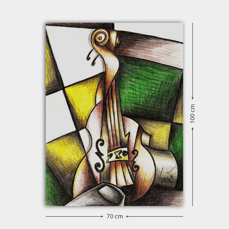 Canvastavla 70x100 cm - Stiliserad violin i en färgglad komposition - Grön / Gul / Brun - Inredning - Tavlor & konst - Canvastavlor