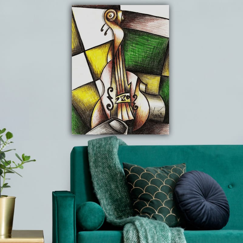 Canvastavla 70x100 cm - Stiliserad violin i en färgglad komposition - Grön / Gul / Brun - Inredning - Tavlor & konst - Canvastavlor