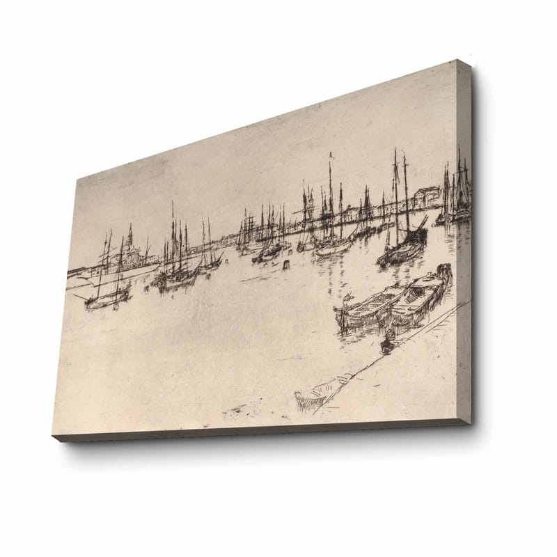 Canvastavla 70x100 cm - Stiliserad vy av en hamn med båtar och mastar i silhuett - Svart / Beige - Inredning - Tavlor & konst - Canvastavlor