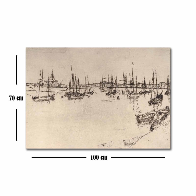 Canvastavla 70x100 cm - Stiliserad vy av en hamn med båtar och mastar i silhuett - Svart / Beige - Inredning - Tavlor & konst - Canvastavlor