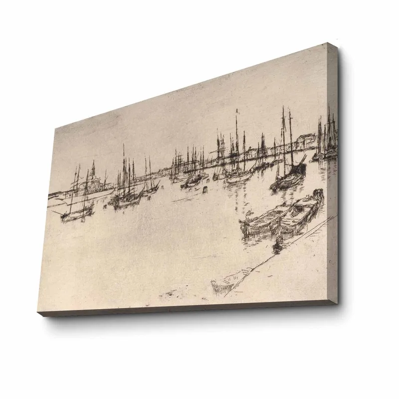 Canvastavla 70x100 cm - Stiliserad vy av en hamn med båtar och mastar i silhuett - Svart / Beige - Inredning - Tavlor & konst - Canvastavlor