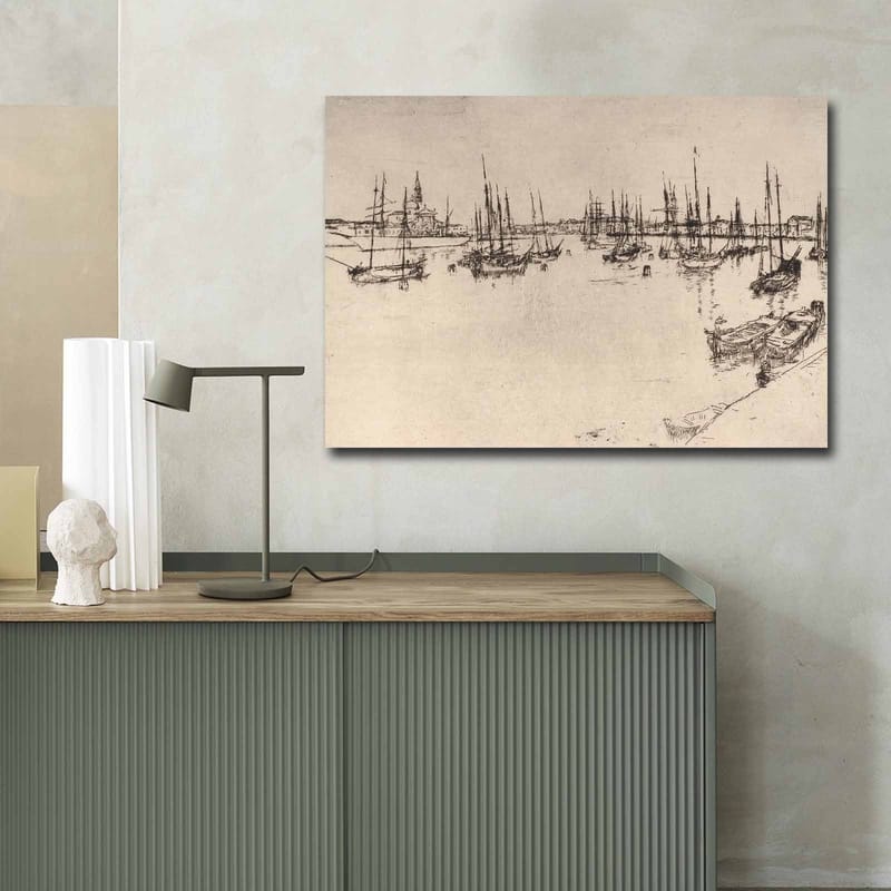 Canvastavla 70x100 cm - Stiliserad vy av en hamn med båtar och mastar i silhuett - Svart / Beige - Inredning - Tavlor & konst - Canvastavlor