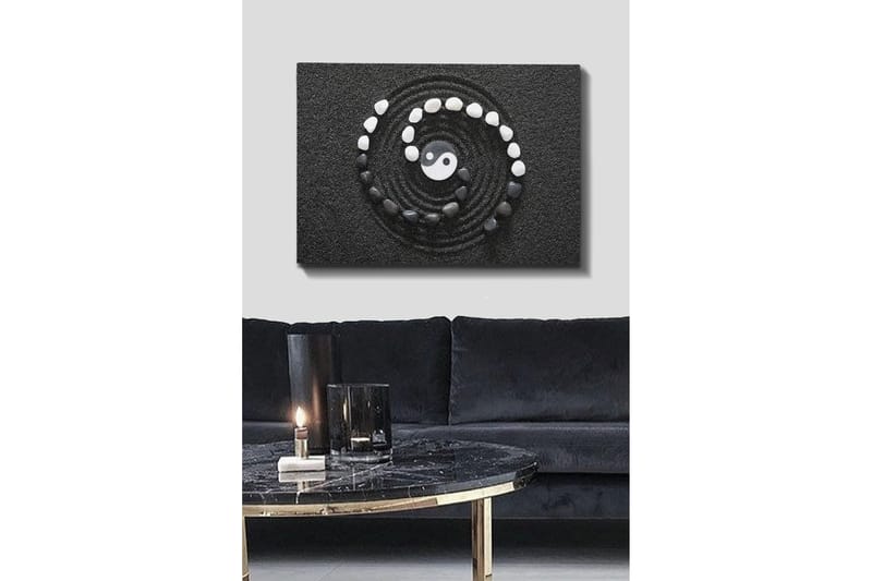 Canvastavla 70x100 cm - Stiliserad yin-yang-symbol omgiven av svarta och vita stenar i en spiralformad komposition, Svart / Vit