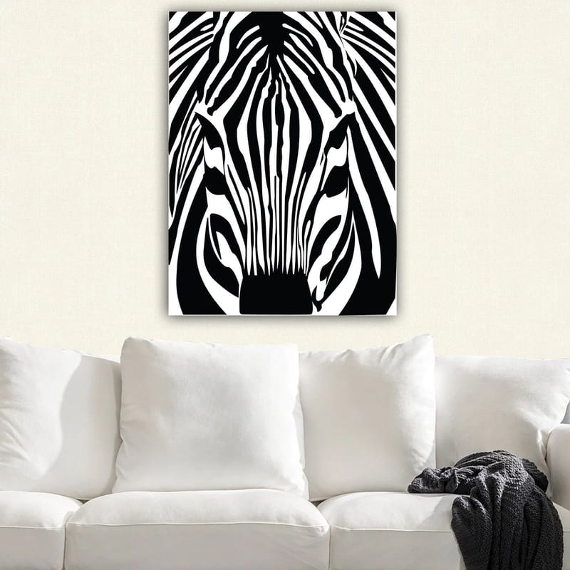 Canvastavla 70x100 cm - Stiliserad zebras ansikte med tydliga svarta och vita ränder - Svart / Vit - Inredning - Tavlor & konst - Canvastavlor