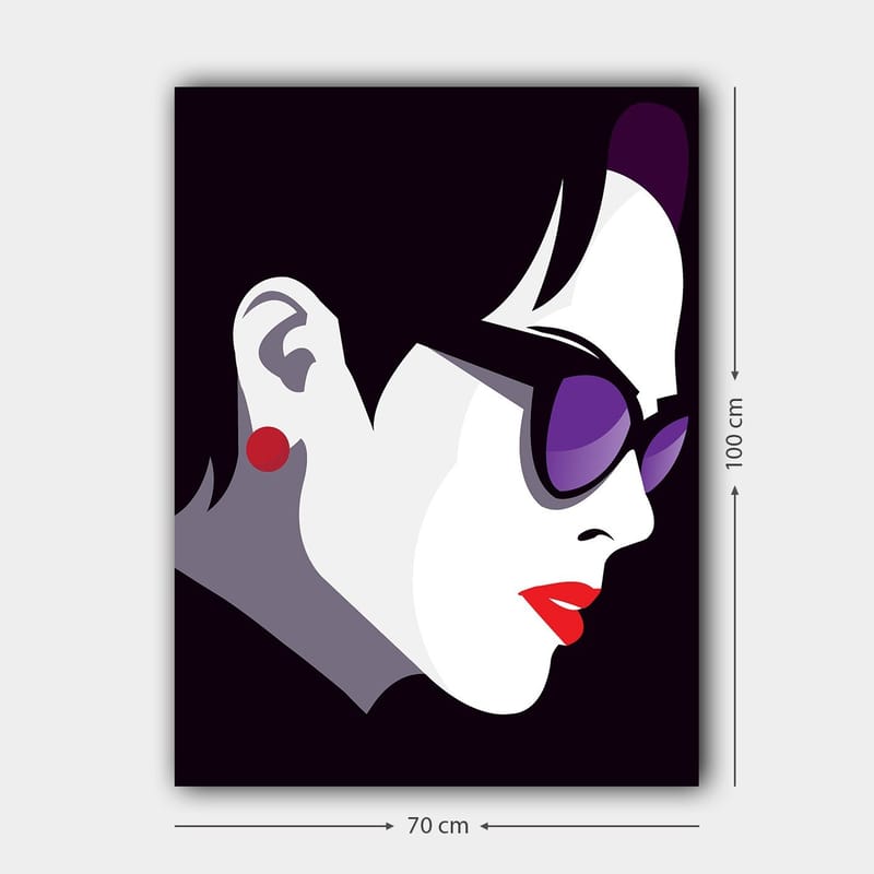 Canvastavla 70x100 cm - Stiliserad profil av en kvinna med solglasögon och röd läppstift - Svart / Vit / Lila - Inredning - Tavlor & konst - Canvastavlor