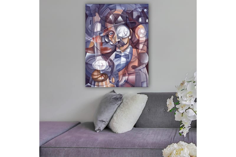 Canvastavla 70x100 cm - Stiliserad porträtt av en man med hatt och monocle, omgiven av abstrakta former och ljuskällor - Mörkblå / Beige / Vinröd - Inredning - Tavlor & konst - Canvastavlor