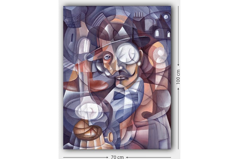 Canvastavla 70x100 cm - Stiliserad porträtt av en man med hatt och monocle, omgiven av abstrakta former och ljuskällor - Mörkblå / Beige / Vinröd - Inredning - Tavlor & konst - Canvastavlor