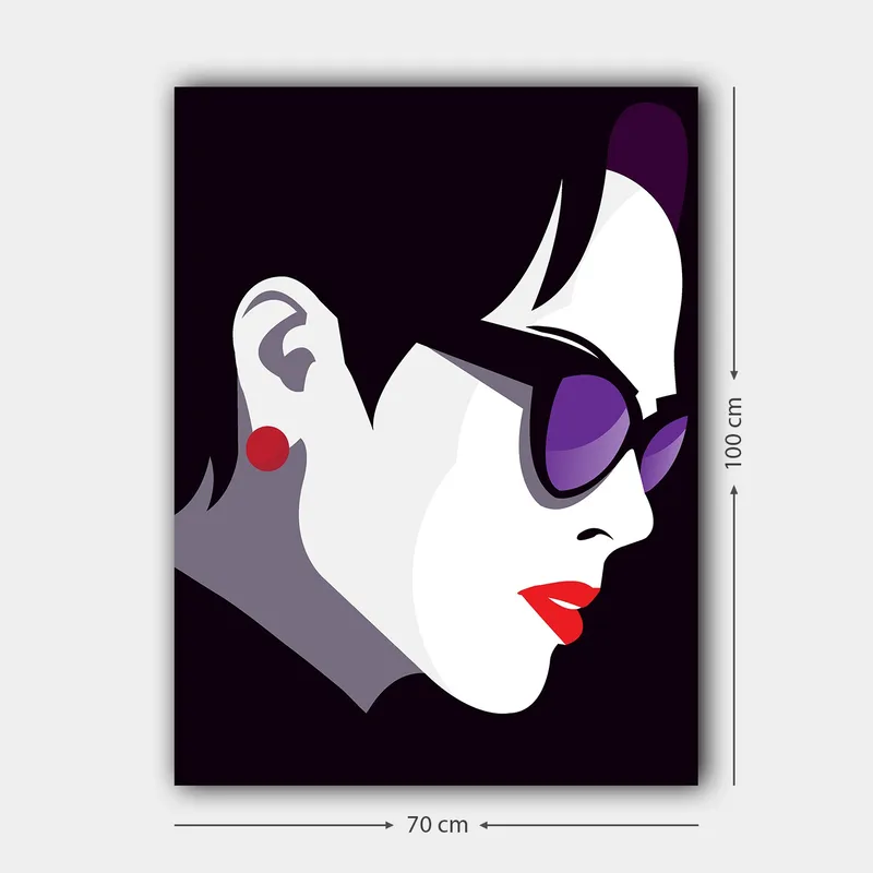 Canvastavla 70x100 cm - Stiliserad profil av en kvinna med solglasögon och röd läppstift - Svart / Vit / Lila - Inredning - Tavlor & konst - Canvastavlor