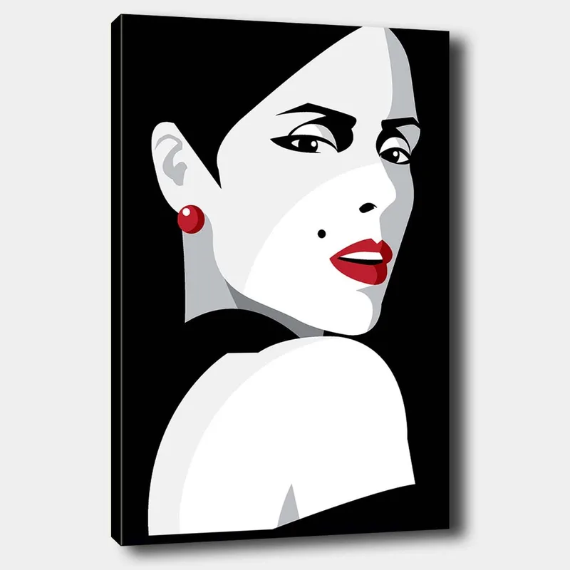 Canvastavla 70x100 cm - Stiliserad porträtt av en kvinna med en dramatisk blick, Röd / Svart / Vit