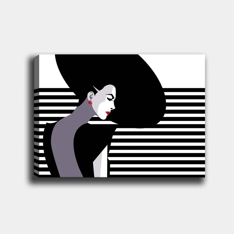 Canvastavla 70x100 cm - Stiliserad profil av en kvinna med ett stort, svart hår och röda örhängen, Svart / Vit / Grå