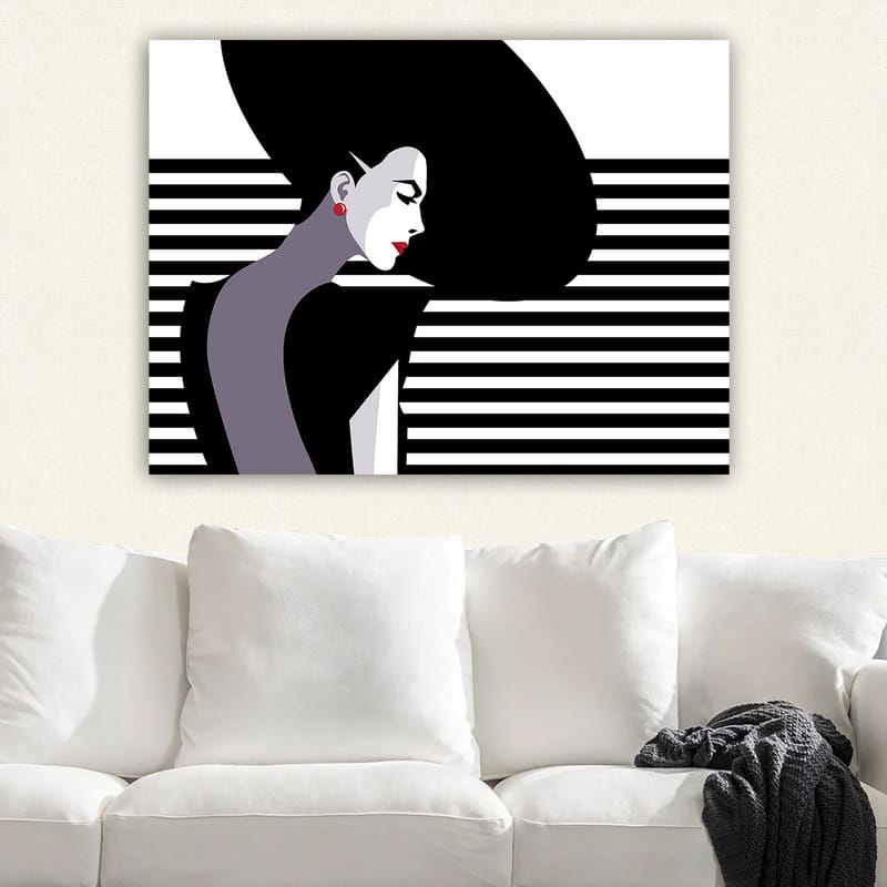 Canvastavla 70x100 cm - Stiliserad profil av en kvinna med ett stort, svart hår och röda örhängen - Svart / Vit / Grå - Inredning - Tavlor & konst - Canvastavlor