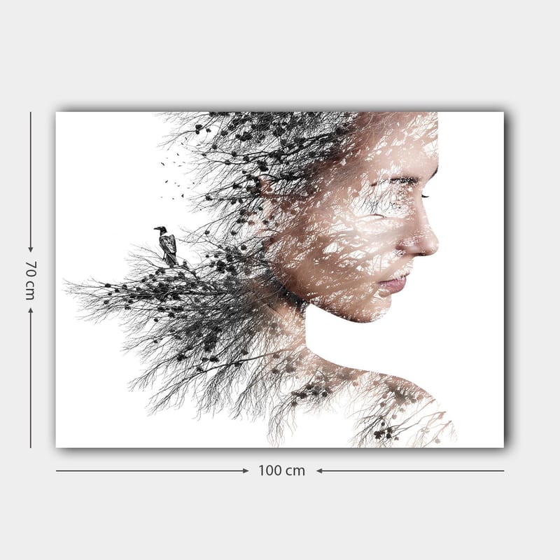 Canvastavla 70x100 cm - Stiliserad porträtt av en kvinna med träd och fåglar som en del av hennes silhuett - Svart / Grå / Brun - Inredning - Tavlor & konst - Canvastavlor