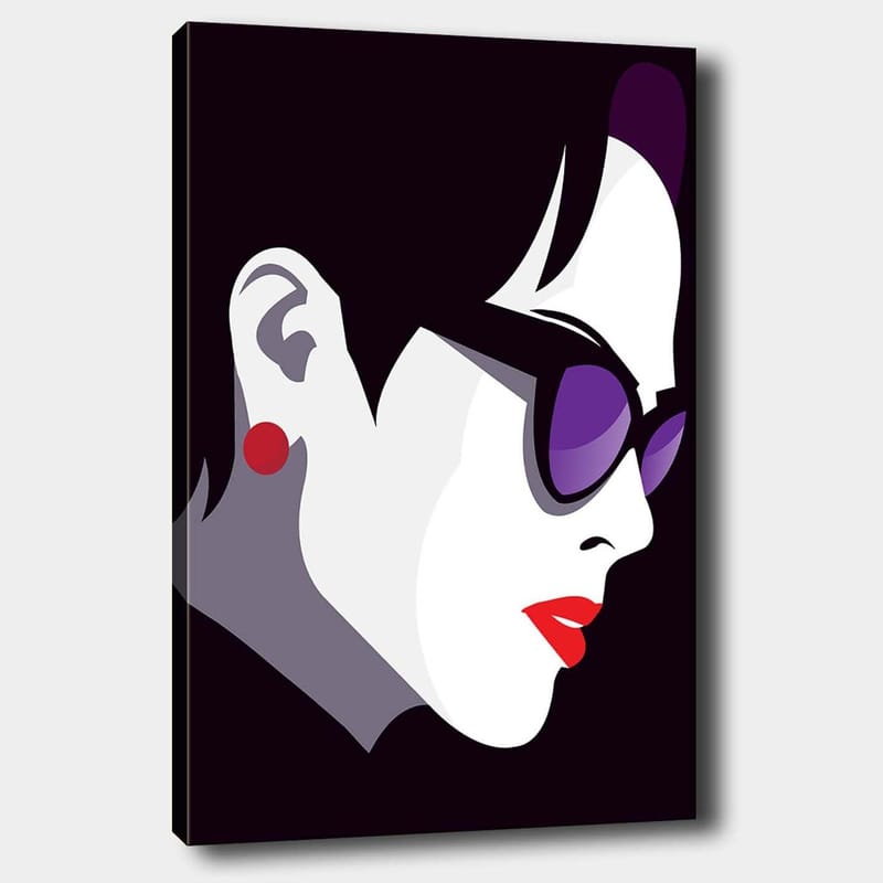 Canvastavla 70x100 cm - Stiliserad profil av en kvinna med solglasögon och röd läppstift, Svart / Vit / Lila