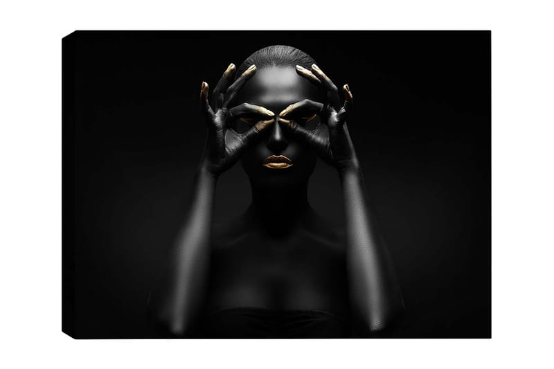 Canvastavla 70x100 cm - Stiliserad porträttbild av en kvinna med svarta händer som formar ett par ögon, med guldiga detaljer på läppar och fingertoppar - Svart / Guld - Inredning - Tavlor & konst - Canvastavlor