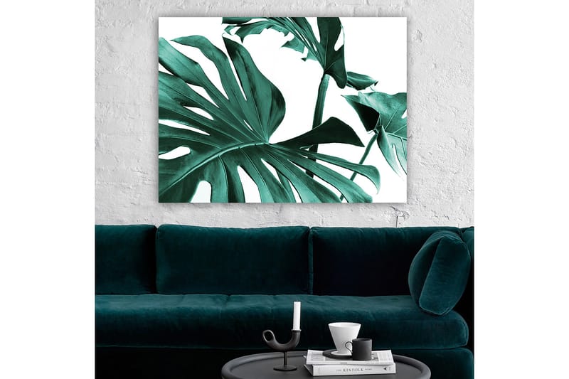 Canvastavla 70x100 cm - Stiliserade gröna palmblad mot en vit bakgrund - Mörkgrön / Turkos - Inredning - Tavlor & konst - Canvastavlor