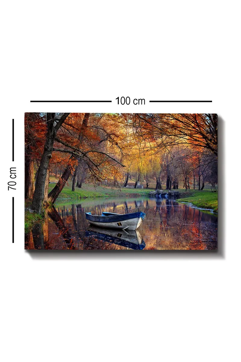 Canvastavla 70x100 cm - Stilla båt på en spegelblanka sjö omgiven av höstfärger - Orange / Blå / Grön - Inredning - Tavlor & konst - Canvastavlor