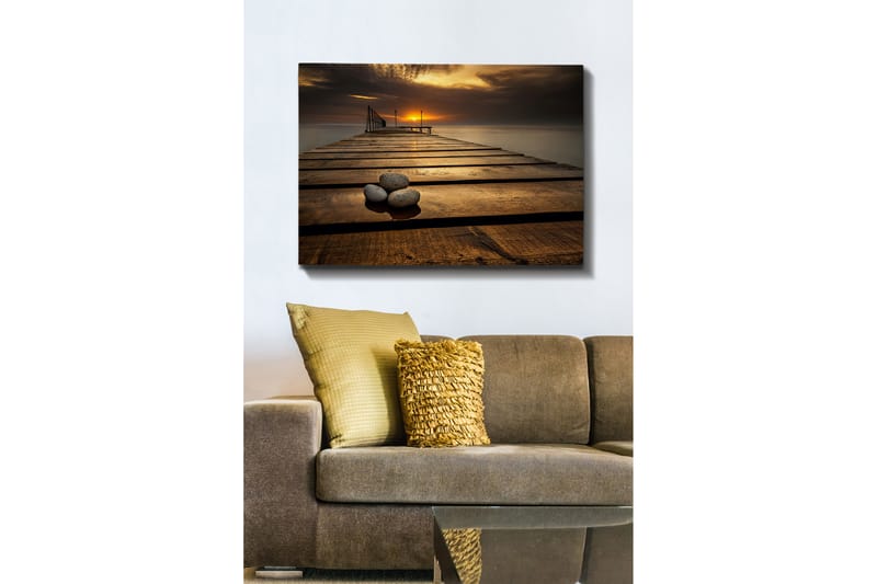 Canvastavla 70x100 cm - Stilla brygga vid solnedgången med stenar i förgrunden - Guld / Brunt / Grått - Inredning - Tavlor & konst - Canvastavlor